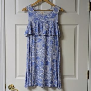 Red Camel Blue and White Floral Sleeveless Ruffle Sundress
